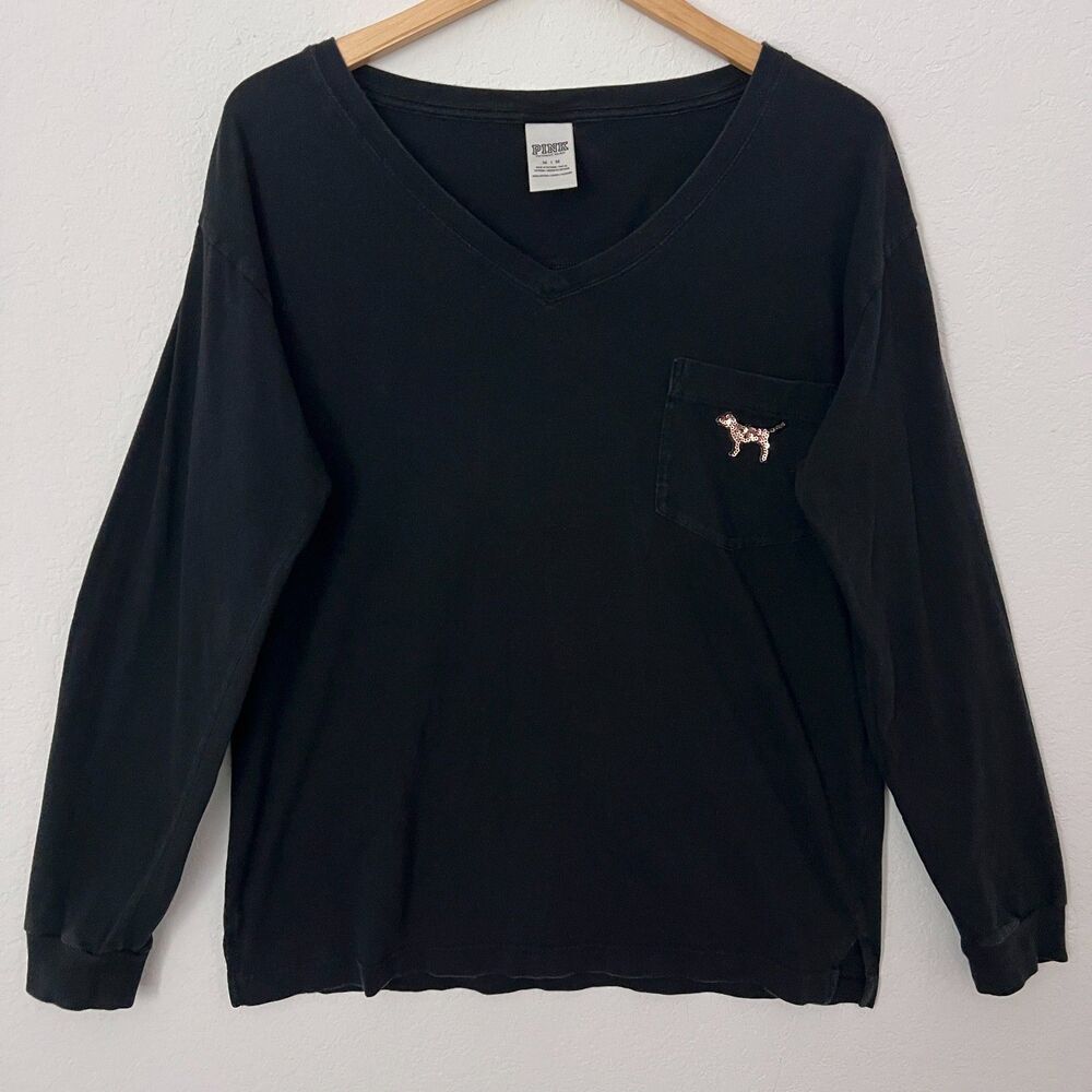 Victoria Secret PINK Women's Gold Sequin Dog Logo Long Sleeve Tee Shirt M